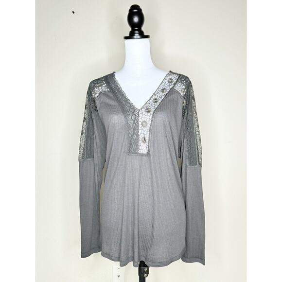 Free People Lola Large Black Lace Blouse Tunic V-Neck Boho Floral Open Loose - Picture 2 of 9